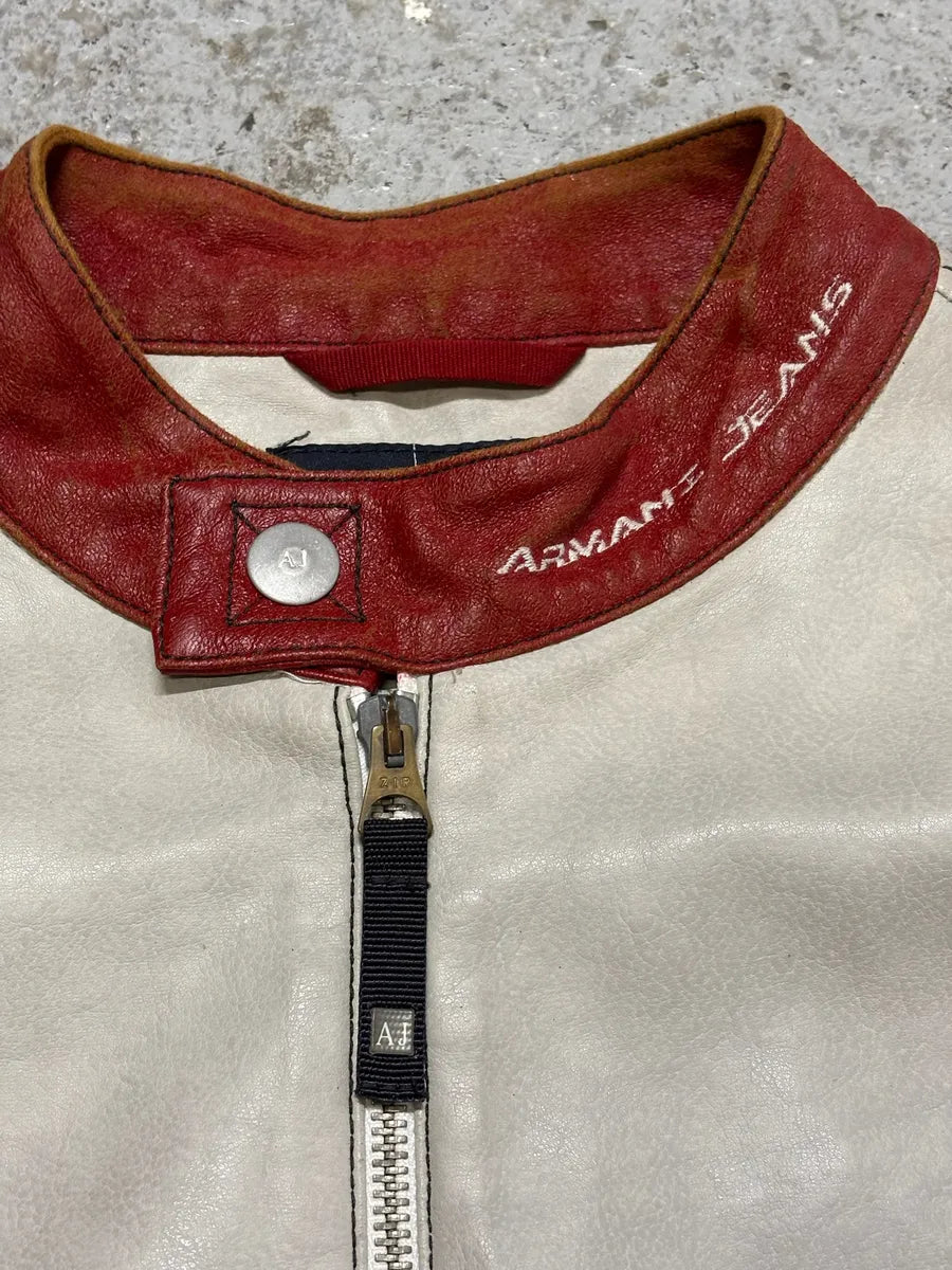 2000s Armani European Ride Red & White Biker Leather Jacket wcEQOnm 6