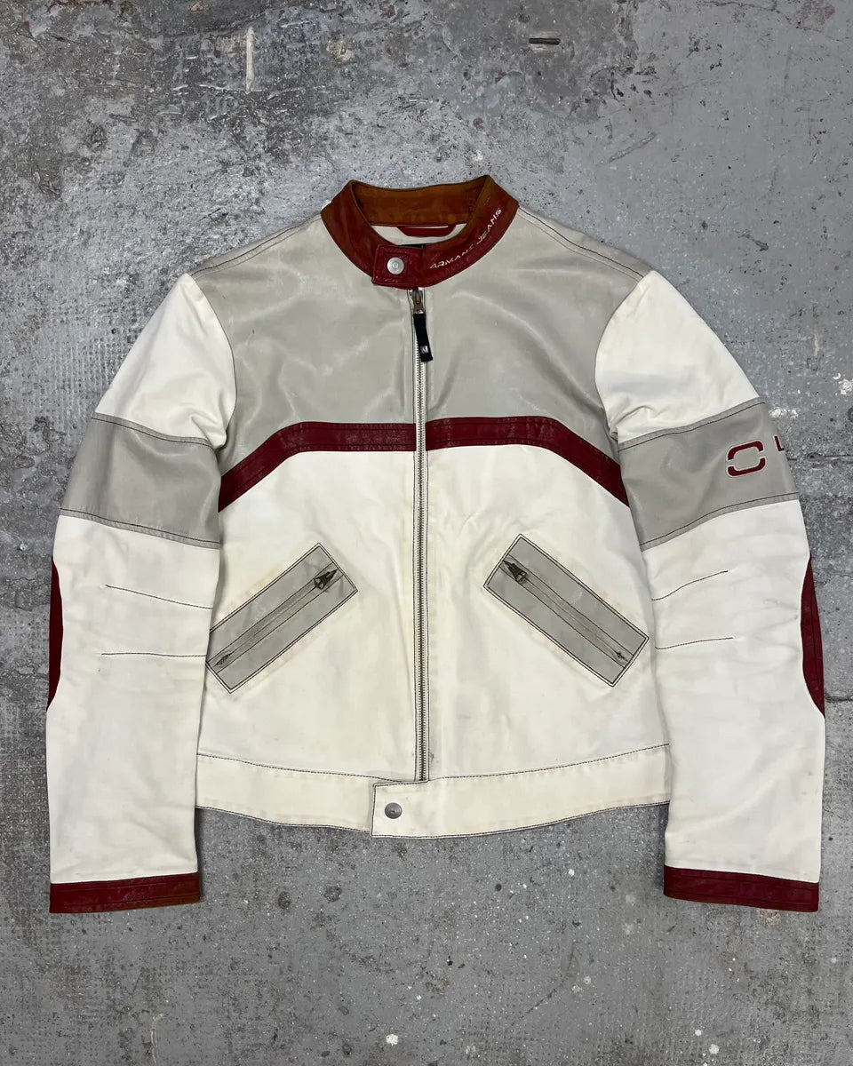 2000s Armani European White & Red Biker Leather Jacket (M) 0