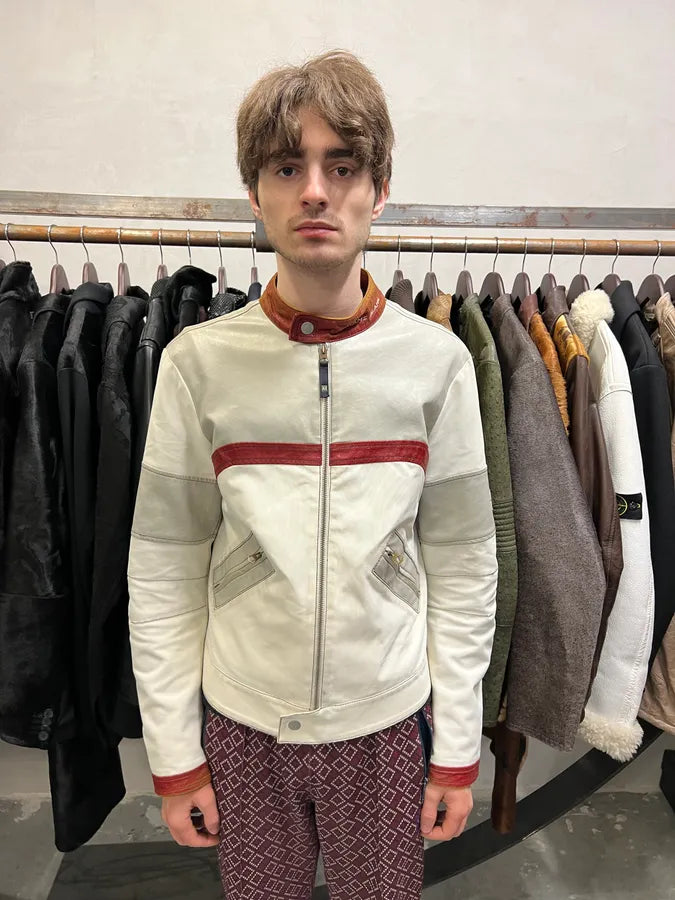 2000s Armani European White & Red Biker Leather Jacket (M) 2