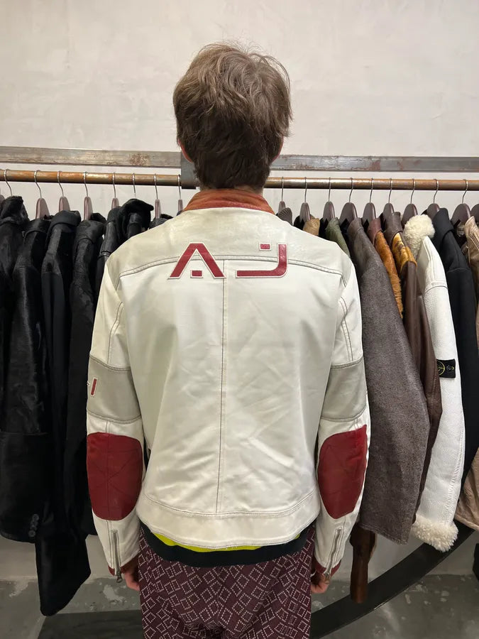 2000s Armani European White & Red Biker Leather Jacket (M) 3