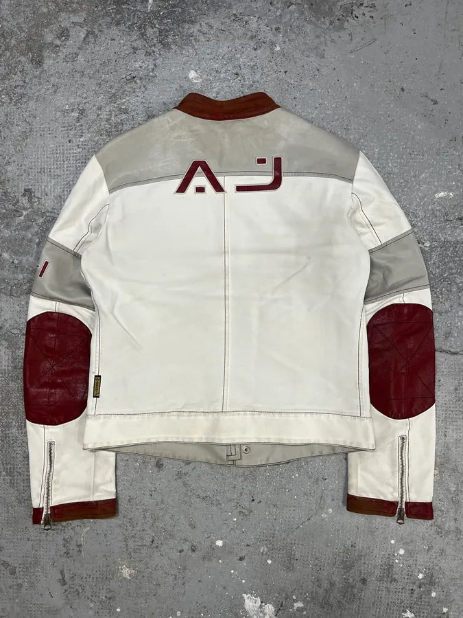 2000s Armani European White & Red Biker Leather Jacket (M) 4