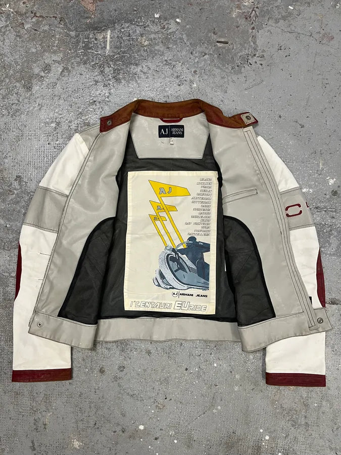 2000s Armani European White & Red Biker Leather Jacket (M) 7