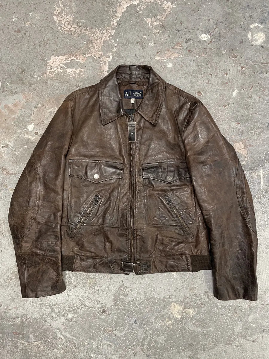 2000s Armani Faded Brown Padded Leather Jacket vEGTlkA 0
