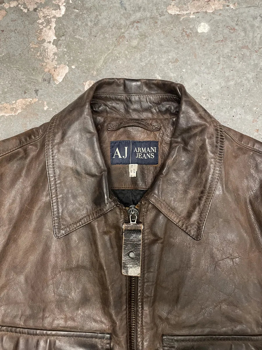 2000s Armani Faded Brown Padded Leather Jacket vEGTlkA 4