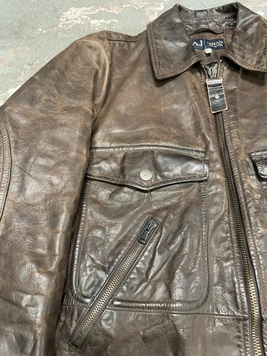 2000s Armani Faded Brown Padded Leather Jacket vEGTlkA 5