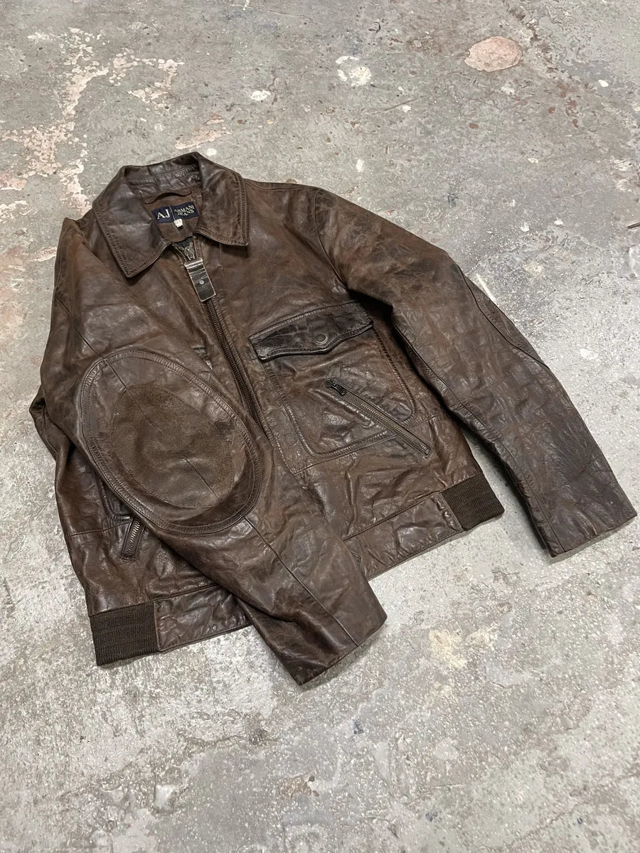 2000s Armani Faded Brown Padded Leather Jacket vEGTlkA 6