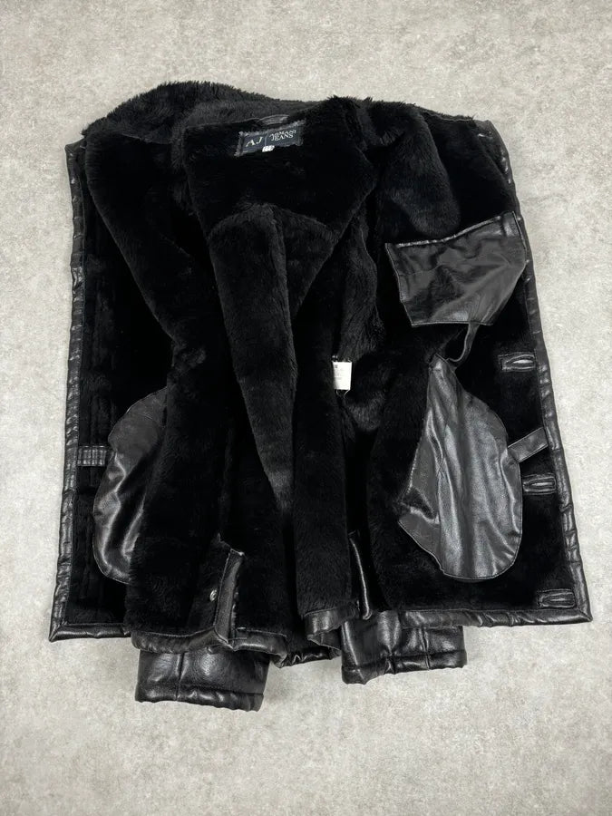 2000s Armani Faux Fur Black Premium Leather Jacket uoJStVE 6
