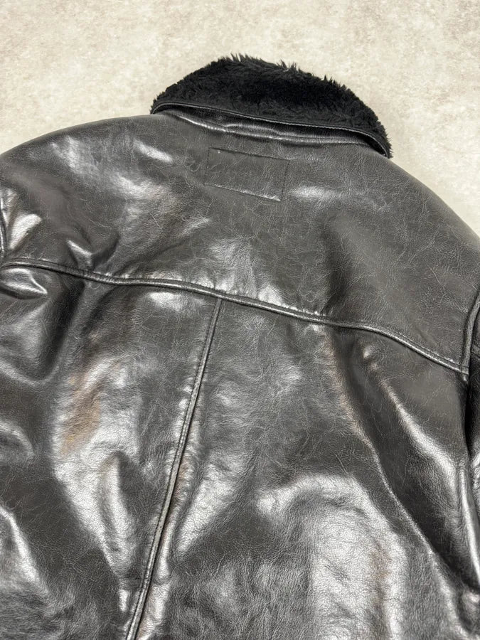 2000s Armani Faux Fur Black Premium Leather Jacket uoJStVE 5