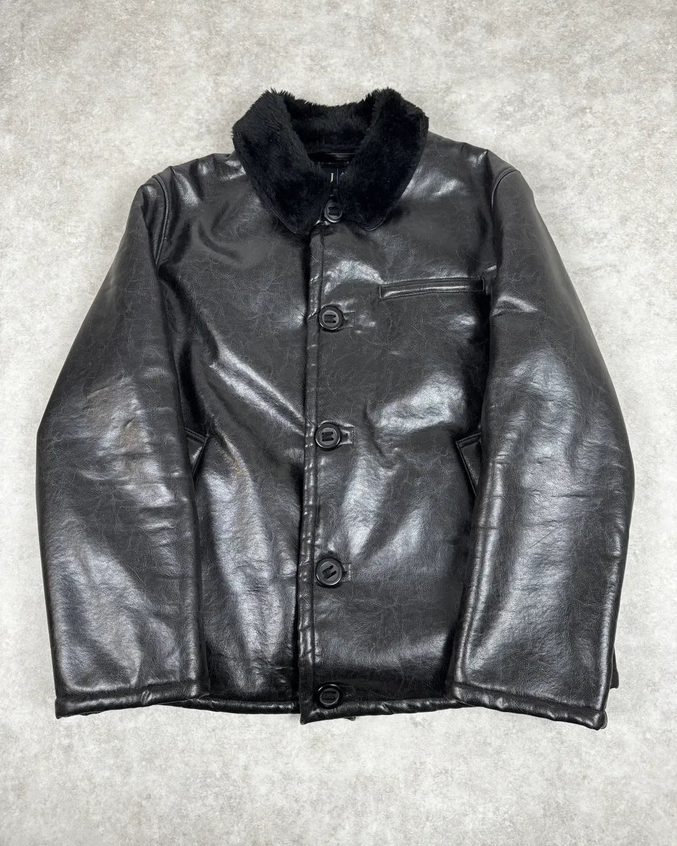 2000s Armani Faux Fur Black Premium Leather Jacket uoJStVE 0