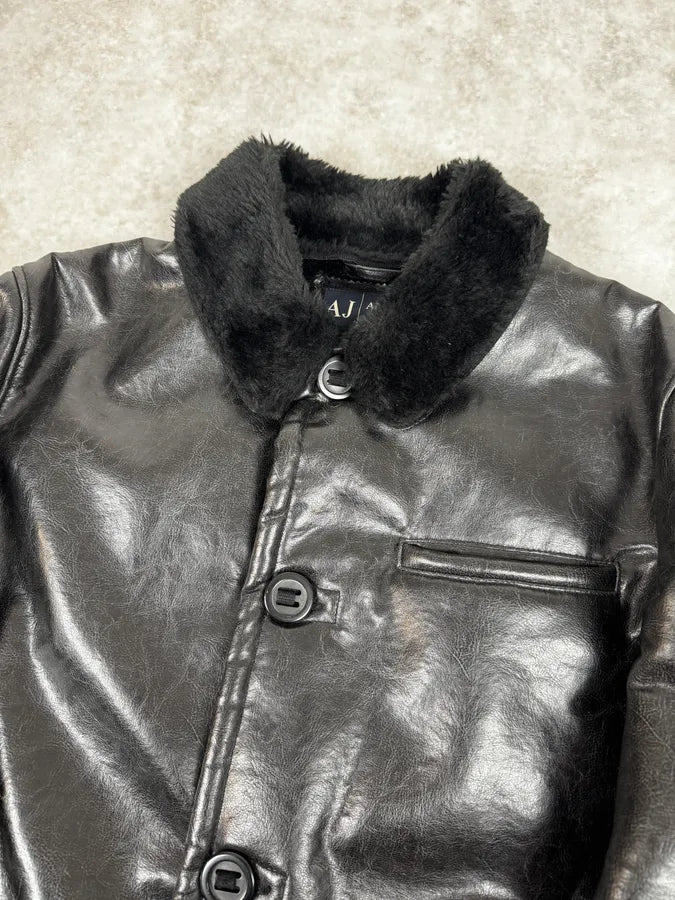 2000s Armani Faux Fur Black Premium Leather Jacket uoJStVE 4