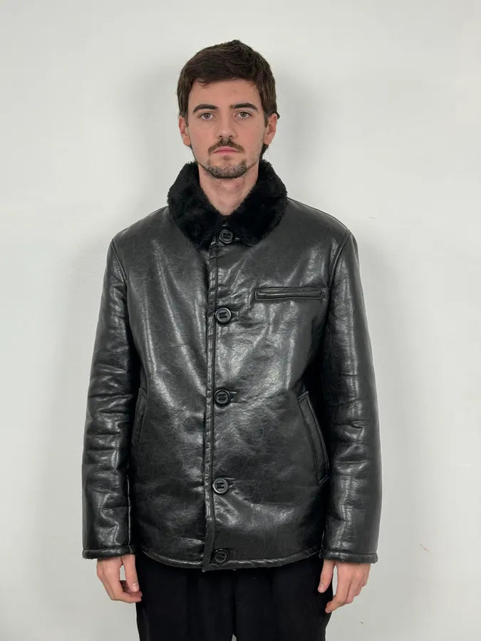 2000s Armani Faux Fur Black Premium Leather Jacket uoJStVE 1