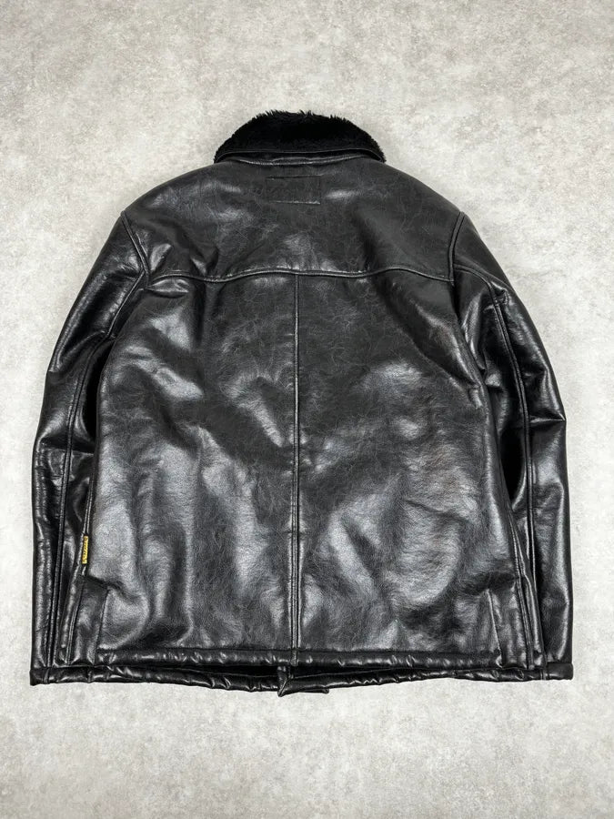 2000s Armani Faux Fur Black Premium Leather Jacket uoJStVE 3