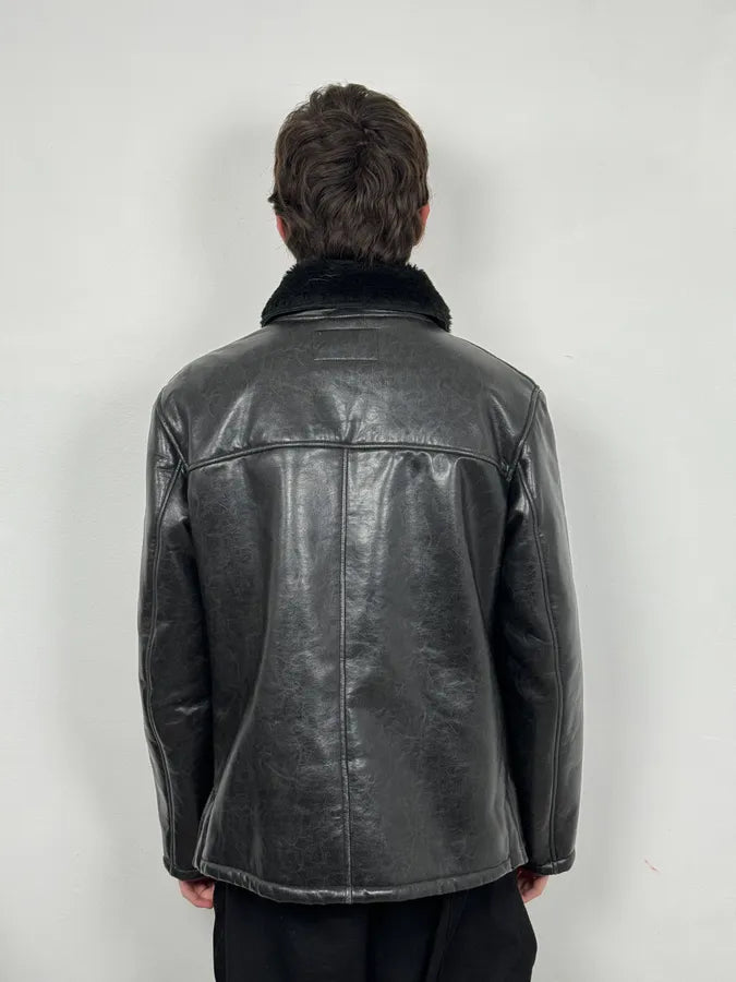 2000s Armani Faux Fur Black Premium Leather Jacket uoJStVE 2