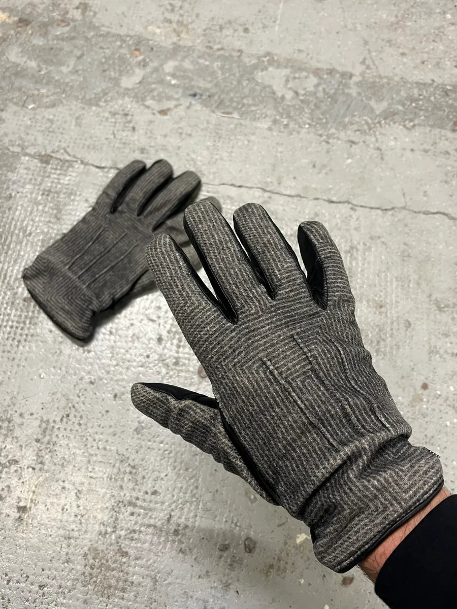 2000s Armani Grey & Black Leather Hybrid Gloves FNPIQgU 0