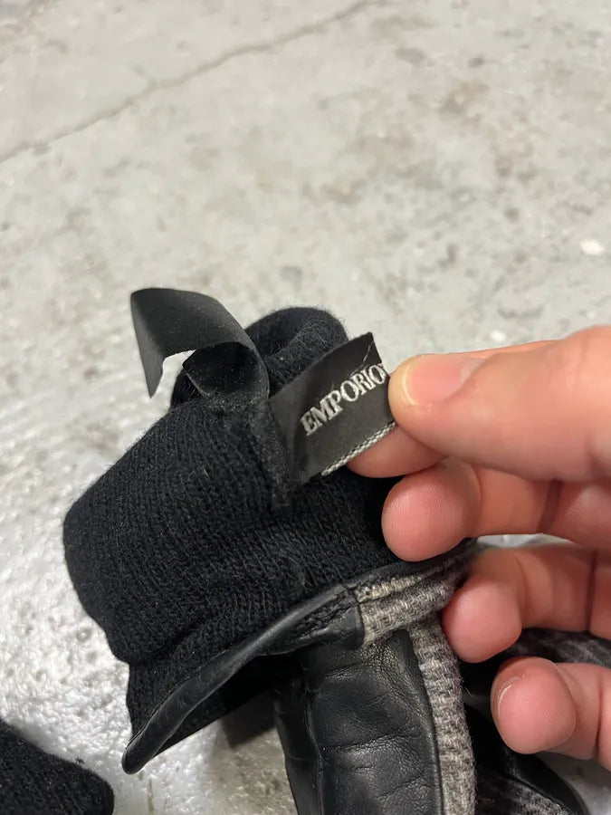 2000s Armani Grey & Black Leather Hybrid Gloves FNPIQgU 6