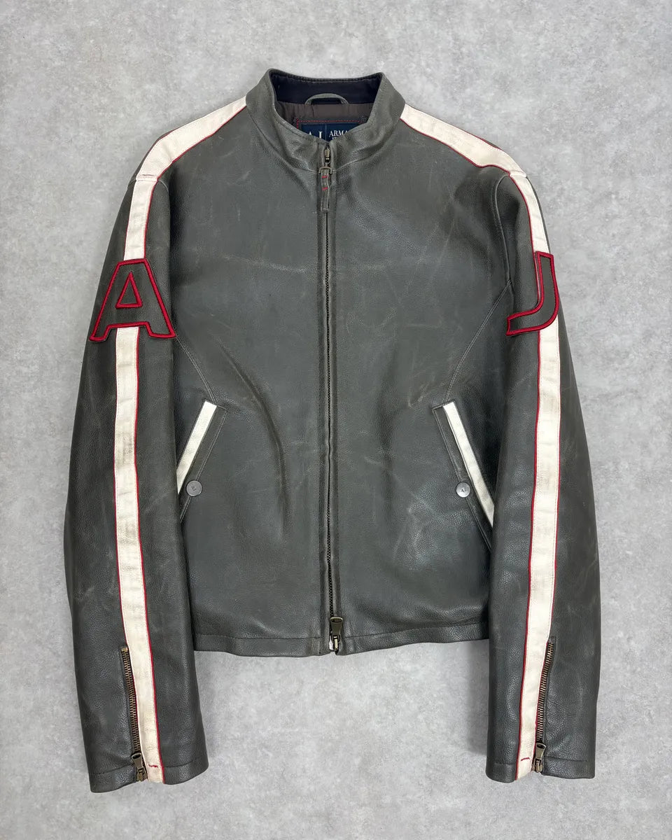 2000s Armani Grey & White AJ Biker Leather Jacket pvqzyRb 0