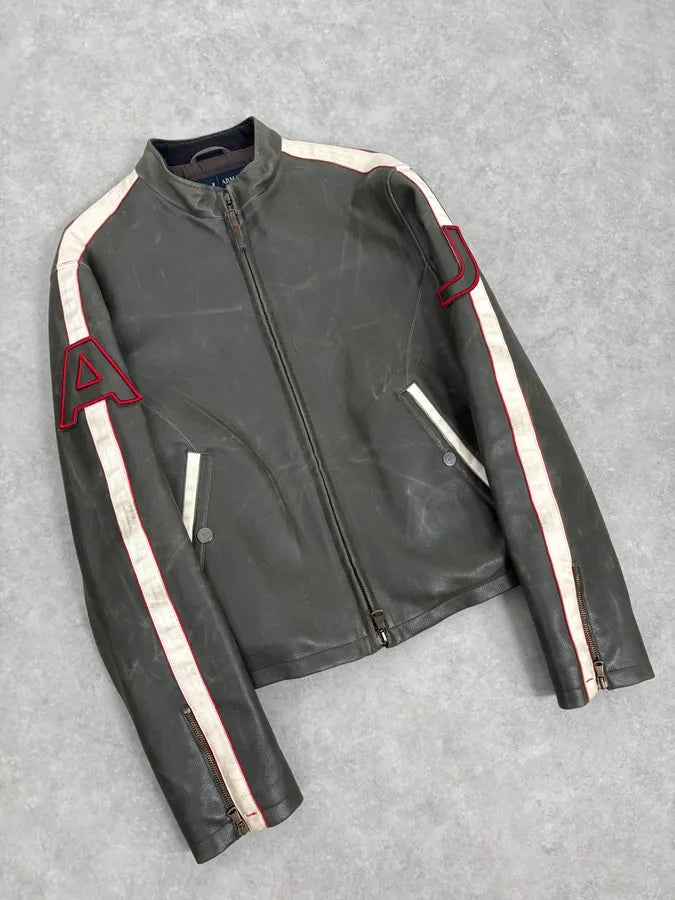 2000s Armani Grey & White AJ Biker Leather Jacket pvqzyRb 3