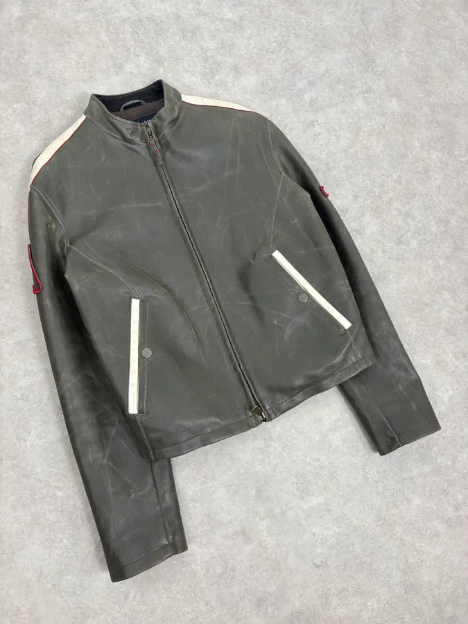 2000s Armani Grey & White AJ Biker Leather Jacket pvqzyRb 4