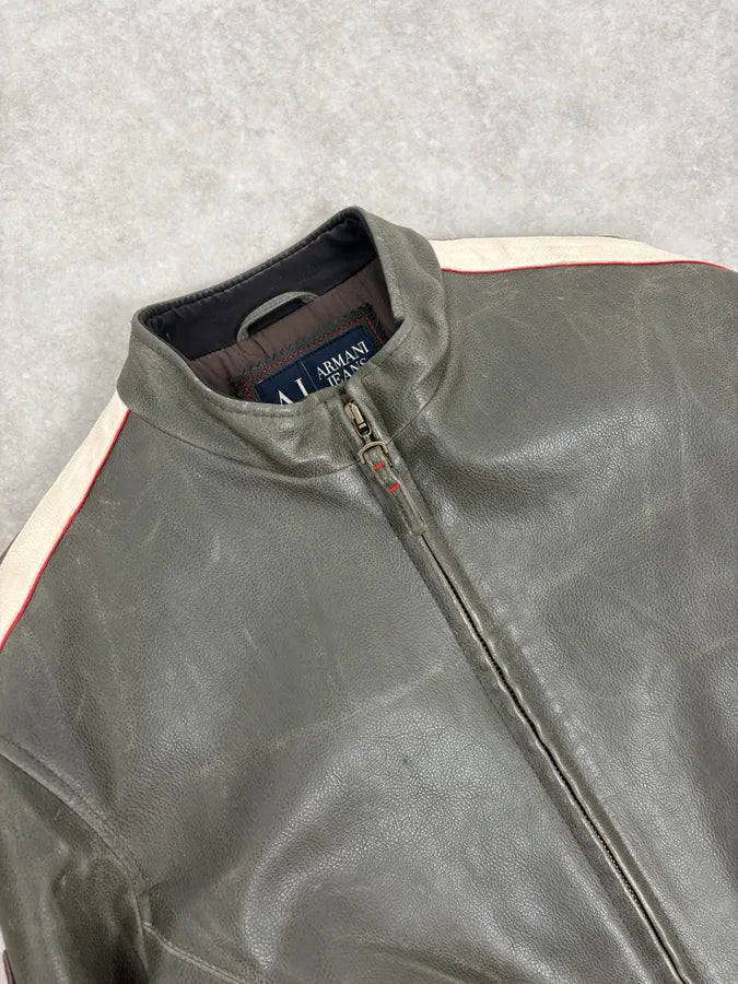 2000s Armani Grey & White AJ Biker Leather Jacket pvqzyRb 6