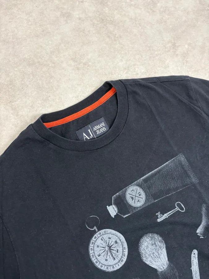 2000s Armani Black Time Tools Print T-Shirt CtokSYW 4