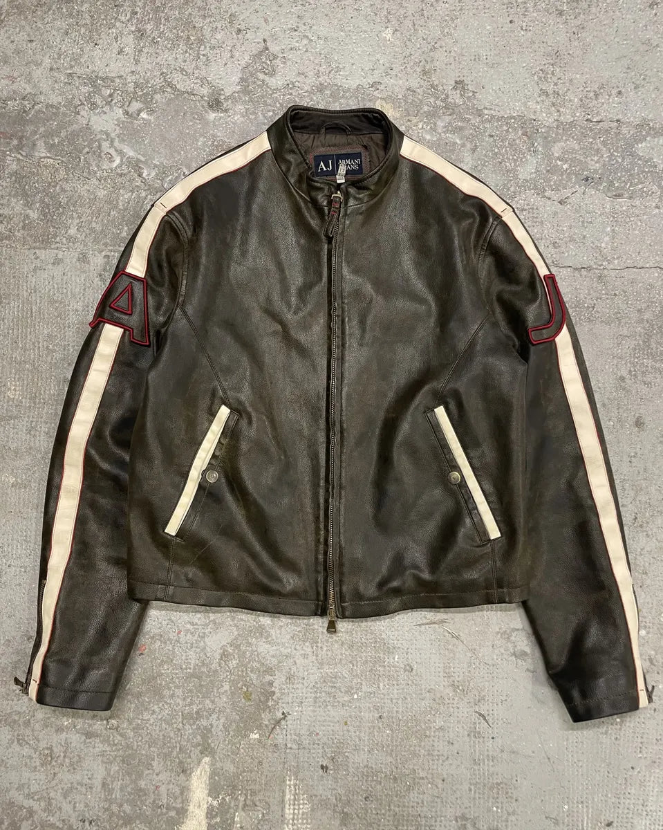 2000s Armani Jeans Brown Biker Leather AJ Jacket (L) 0