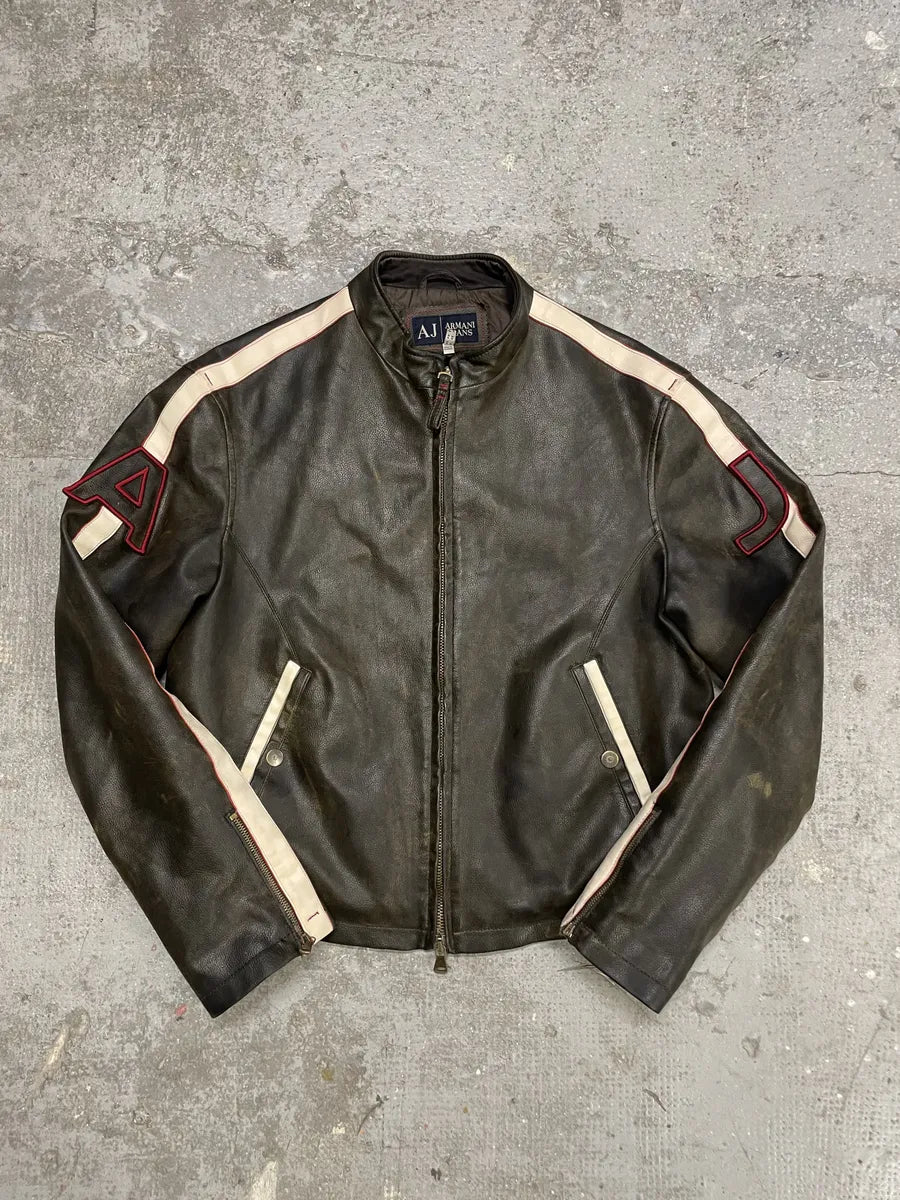 2000s Armani Jeans Brown Biker Leather AJ Jacket (L) 1
