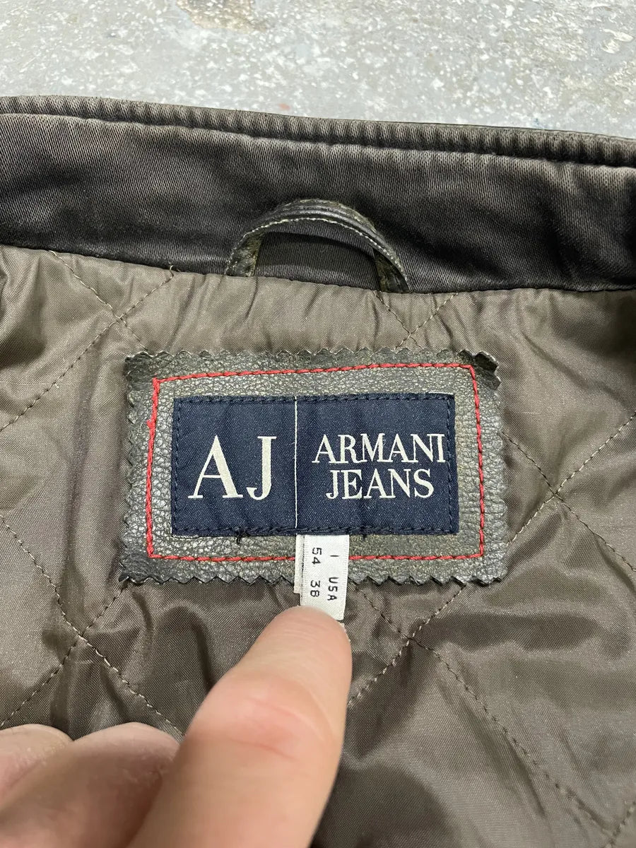 2000s Armani Jeans Brown Biker Leather AJ Jacket (L) 10