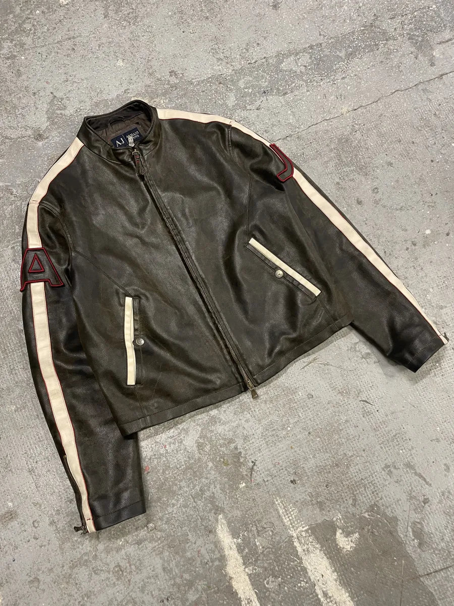 2000s Armani Jeans Brown Biker Leather AJ Jacket (L) 4