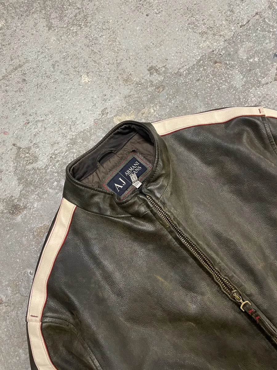 2000s Armani Jeans Brown Biker Leather AJ Jacket (L) 5