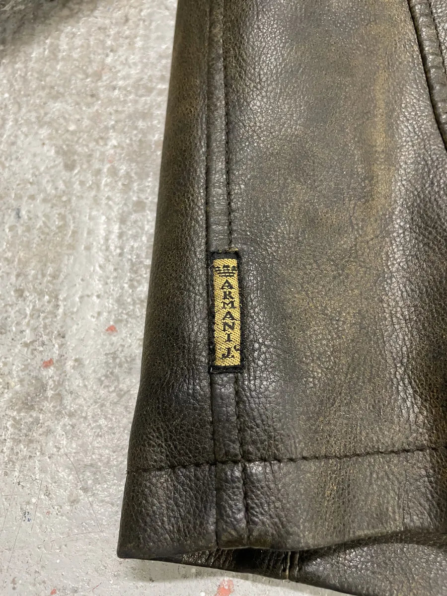 2000s Armani Jeans Brown Biker Leather AJ Jacket (L) 9