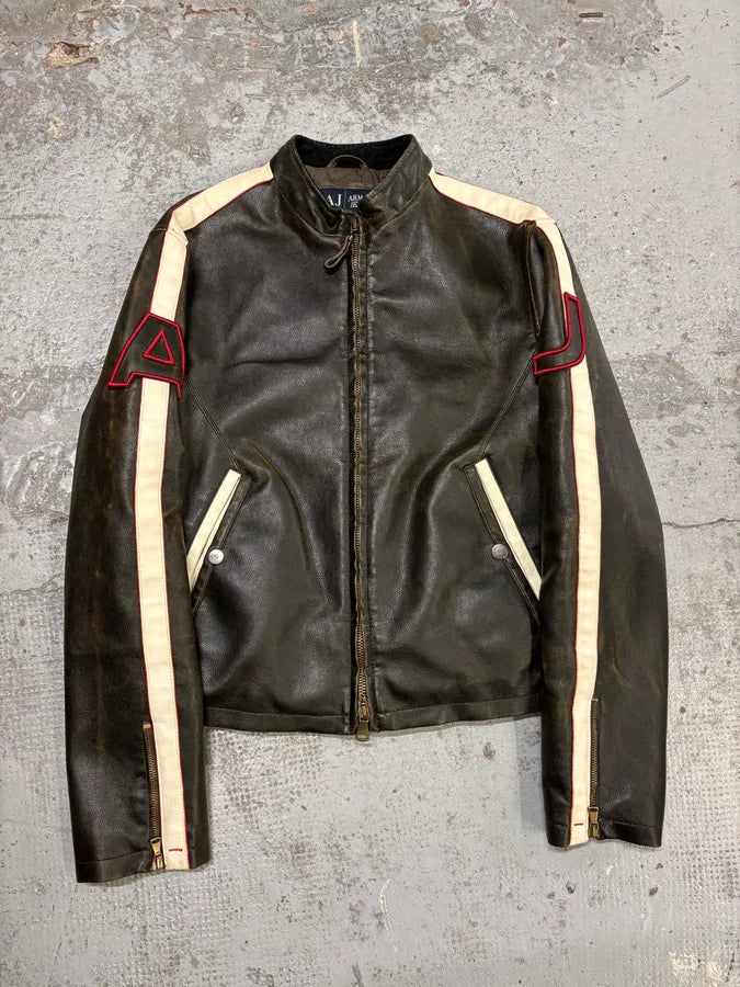 2000s Armani AJ Classic Biker Brown Leather Jacket ajYcHbL 0