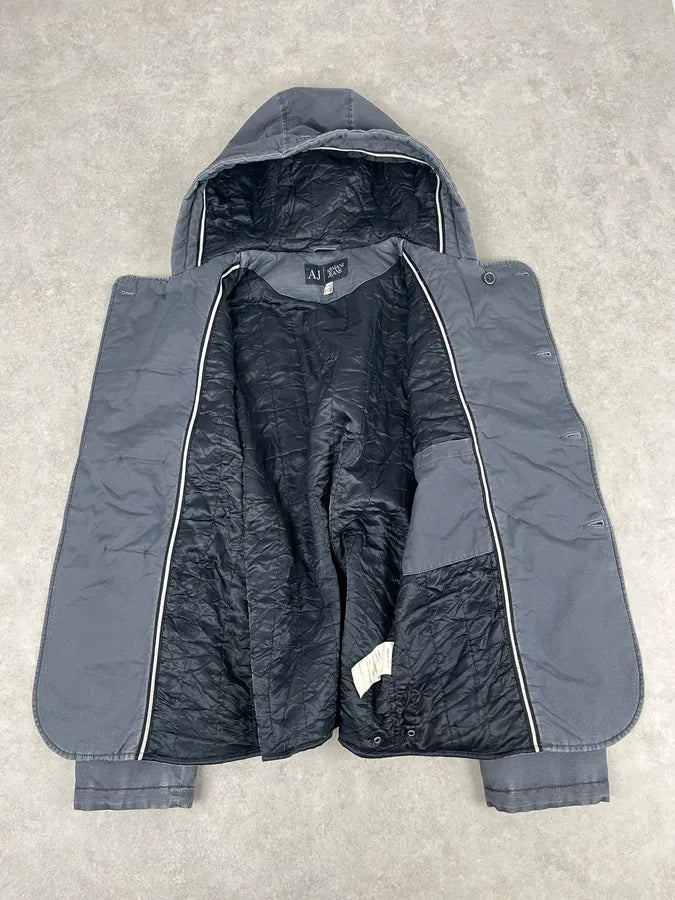 2000s Armani Blue Faded Buttoned Hooded Coat bqfpAuA 7