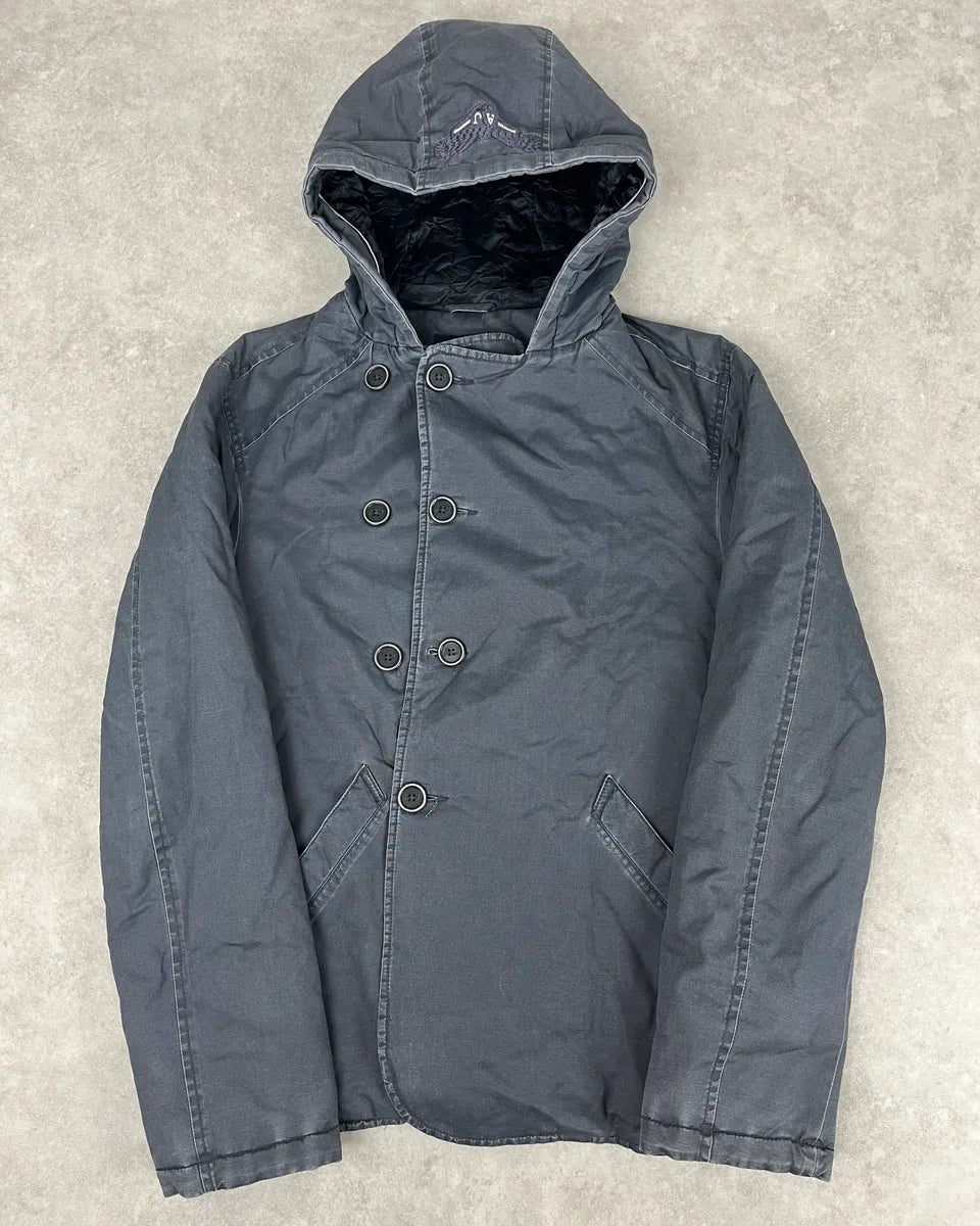 2000s Armani Blue Faded Buttoned Hooded Coat bqfpAuA 2