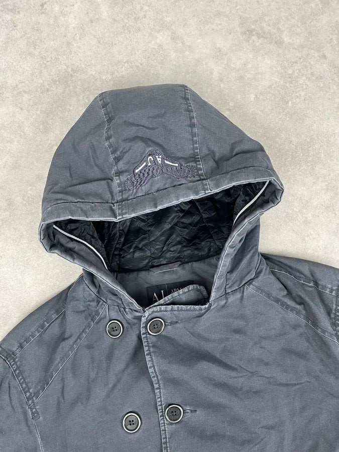 2000s Armani Blue Faded Buttoned Hooded Coat bqfpAuA 6