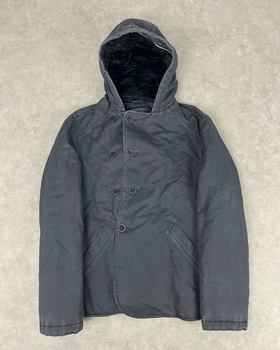 2000s Armani Blue Faded Buttoned Hooded Coat bqfpAuA 3