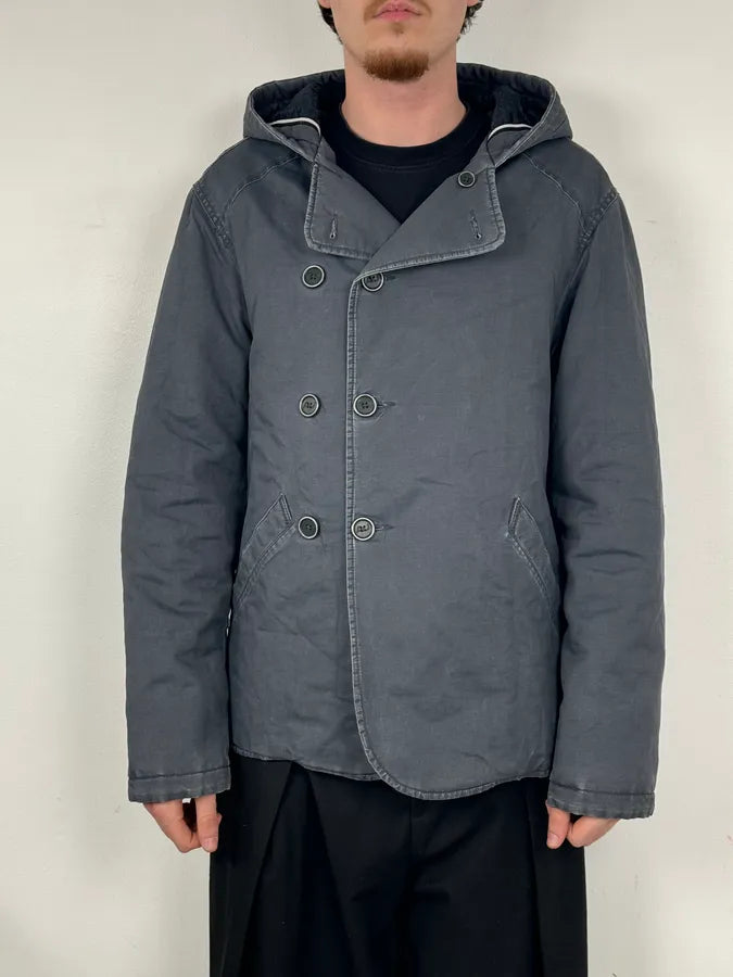 2000s Armani Blue Faded Buttoned Hooded Coat bqfpAuA 0