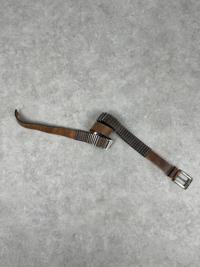 2000s Armani Metal Avant-Garde Aged Brown Leather Belt IsjhmSf 4