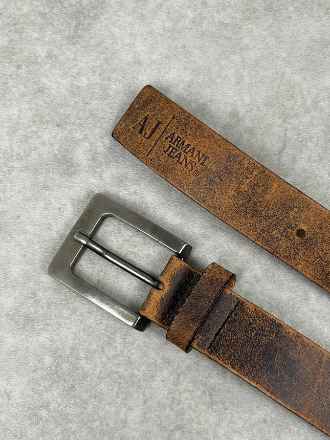 2000s Armani Metal Avant-Garde Aged Brown Leather Belt IsjhmSf 3