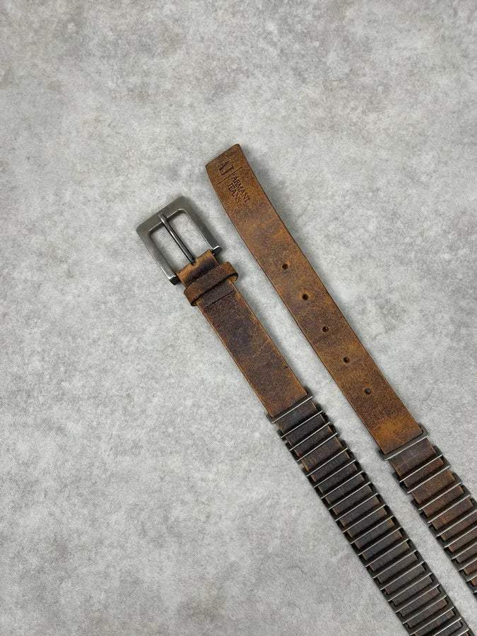 2000s Armani Metal Avant-Garde Aged Brown Leather Belt IsjhmSf 1
