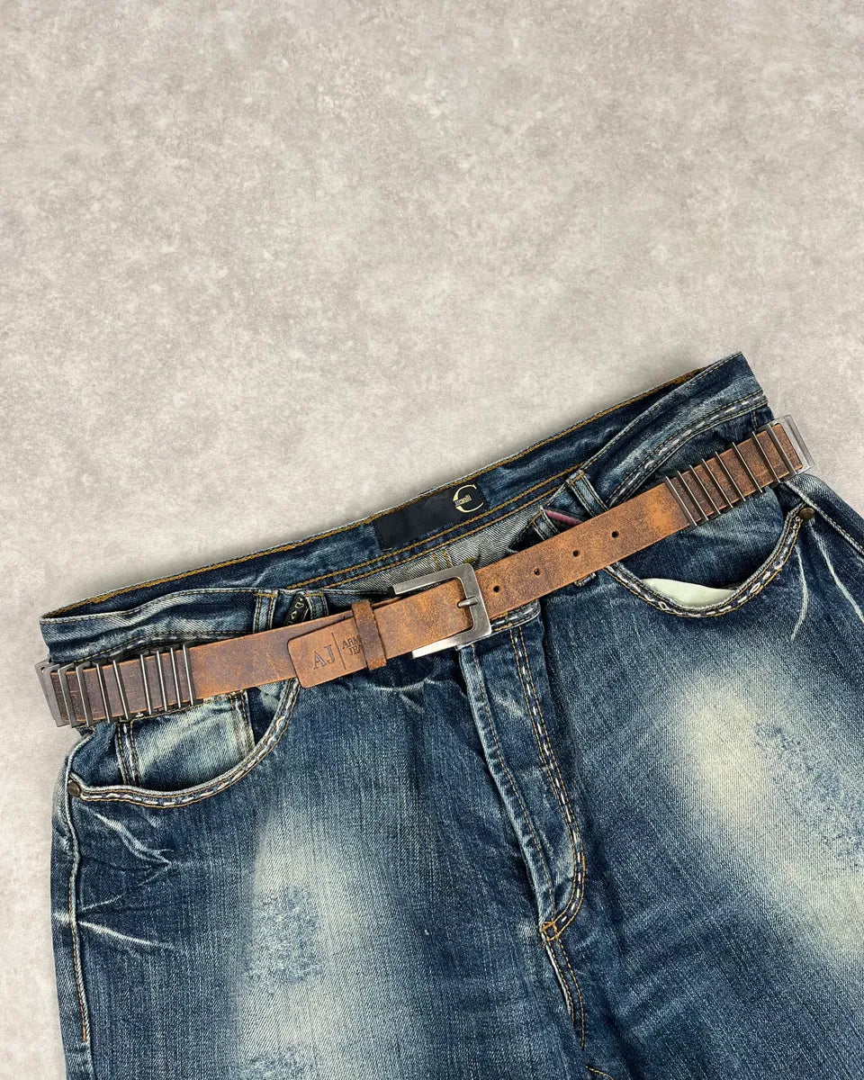 2000s Armani Metal Avant-Garde Aged Brown Leather Belt IsjhmSf 0