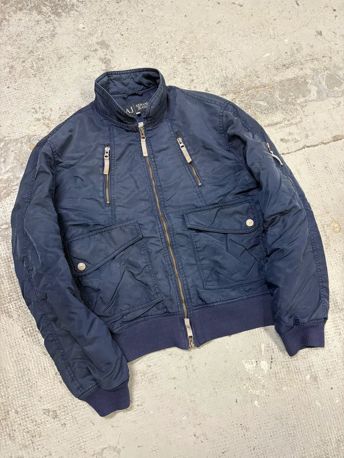 2000s Armani Navy Nylon Cargo Zips Bomber Jacket uinZuEn 3
