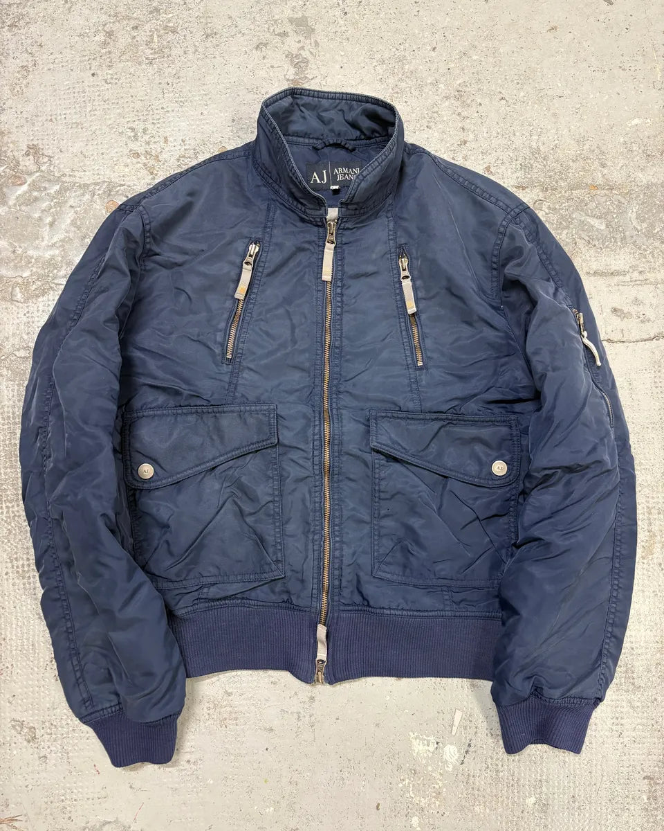 2000s Armani Navy Nylon Cargo Zips Bomber Jacket uinZuEn 0
