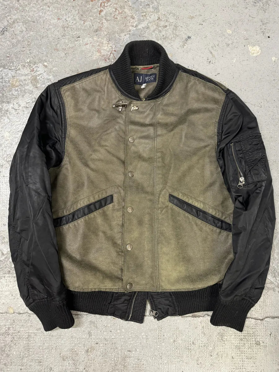 2000s Armani Olive Dragon Hide Leather Nylon Jacket exXCUNT 0