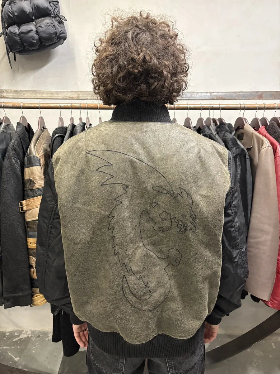 2000s Armani Olive Dragon Hide Leather Nylon Jacket exXCUNT 1