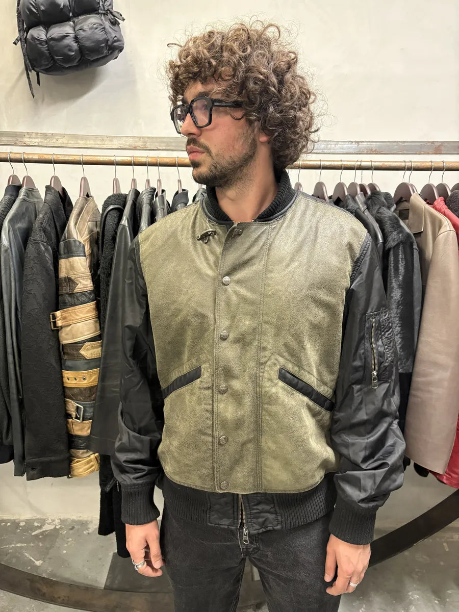 2000s Armani Olive Dragon Hide Leather Nylon Jacket exXCUNT 2