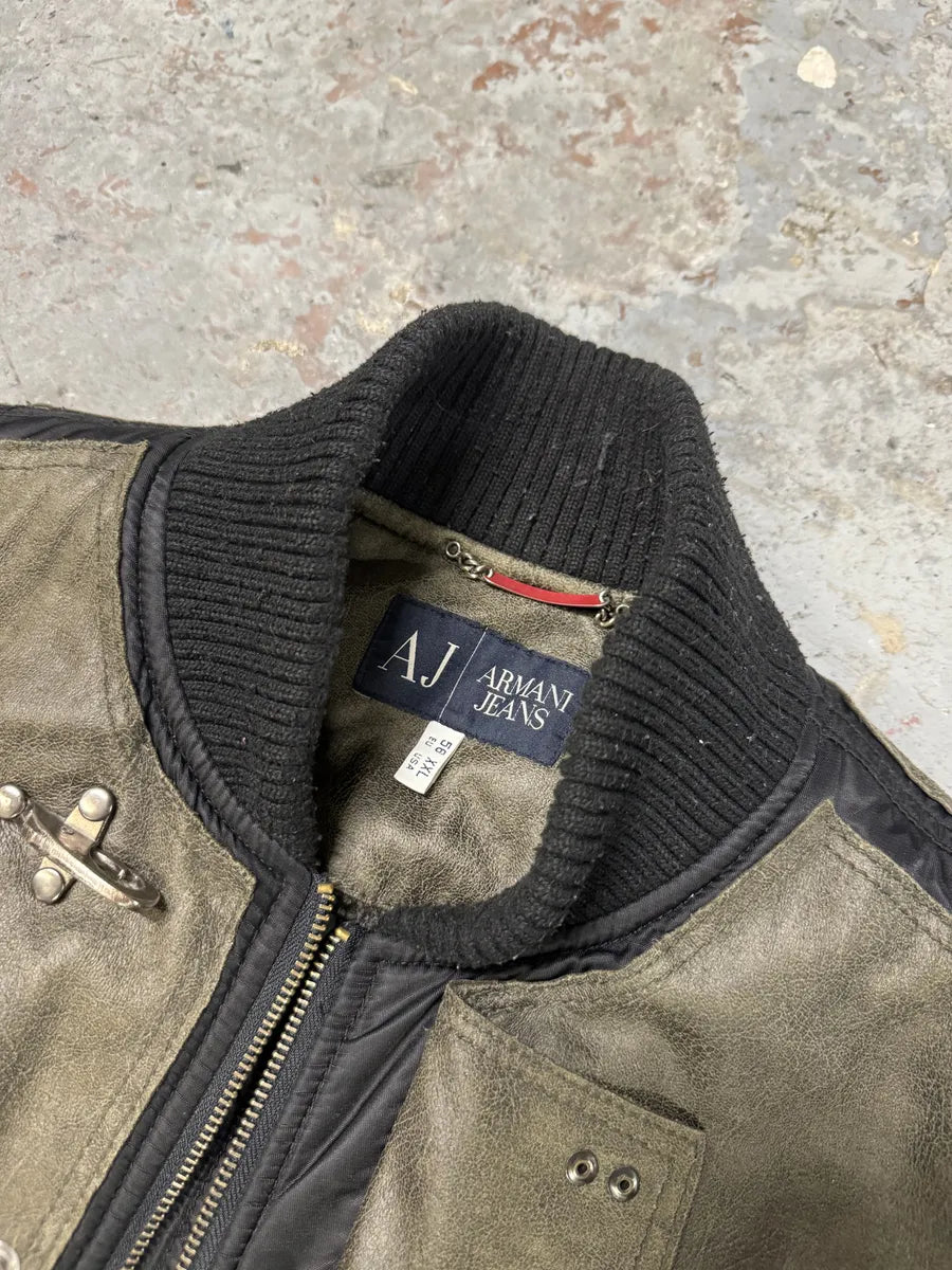 2000s Armani Olive Dragon Hide Leather Nylon Jacket exXCUNT 9