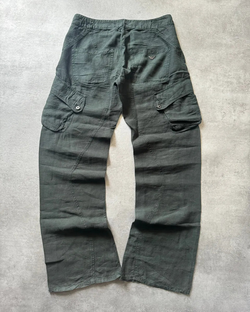 2000s Armani Olive Linen Cozy Cargo Pants (XL) ONxzhGn 2