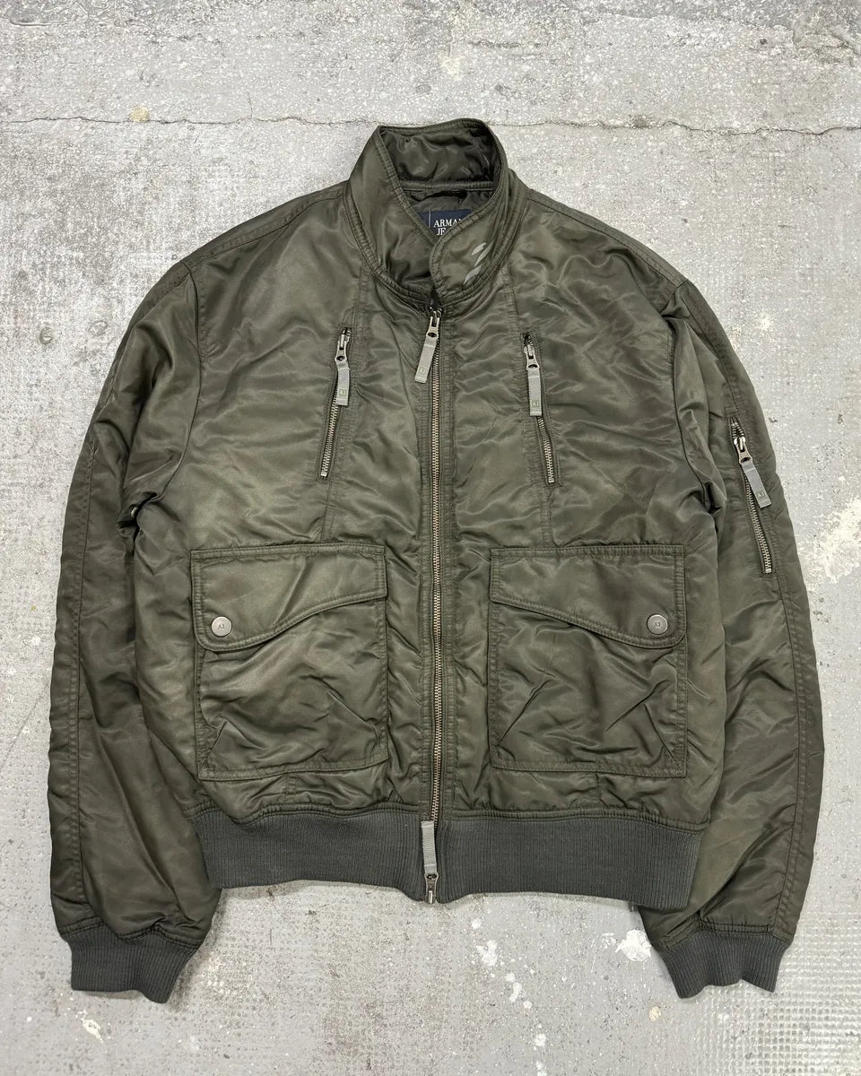 2000s Armani Olive Multi Zip Cozy Bomber Jacket ogULaCf 0