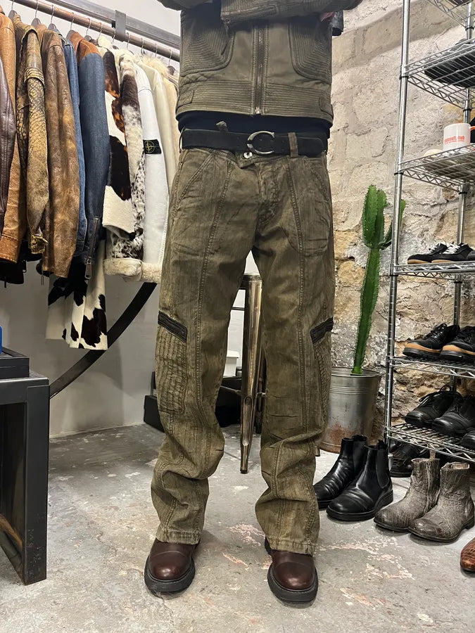 2000s Armani Olive Washed Wide Elevated Cargo Pants (L) 0