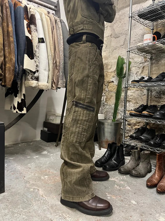 2000s Armani Olive Washed Wide Elevated Cargo Pants (L) 1